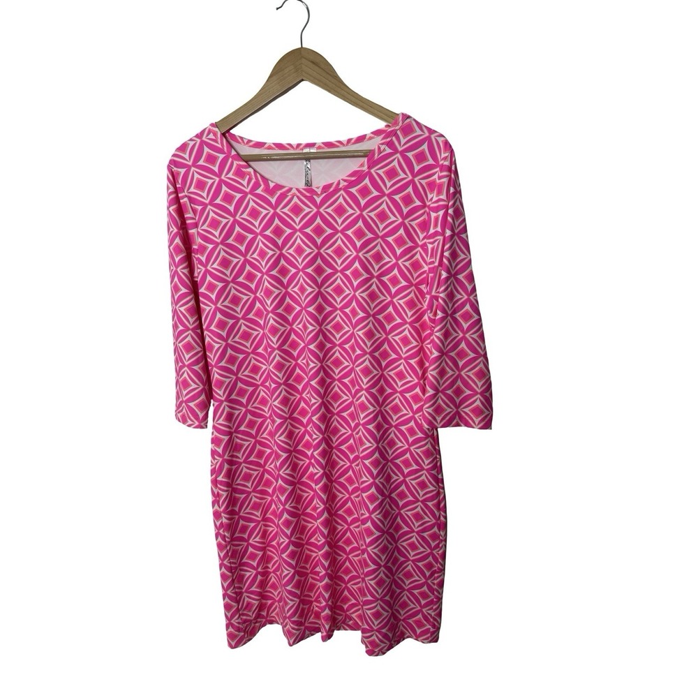 Lulu-B Geometric Print Pink White Trim 3/4 Sleeve Stretch Sheath Dress large